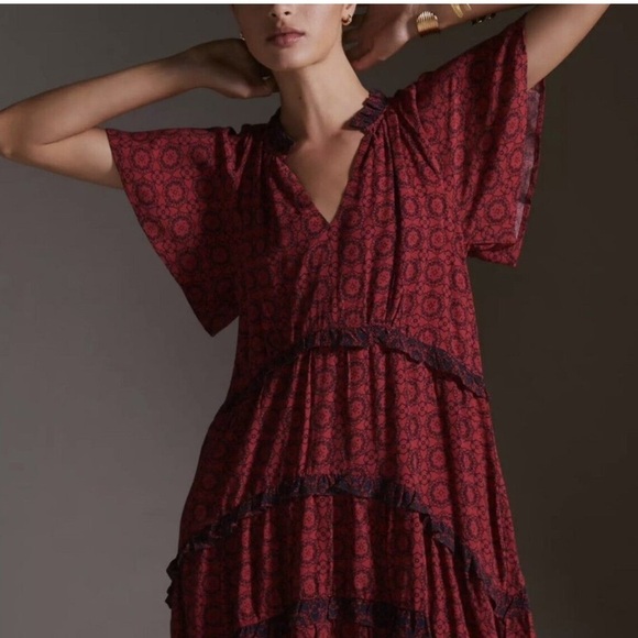 Women’s Gorgeous Red Black Anthropologie Robin Tiered Mini Dress Size 1X - Picture 2 of 14
